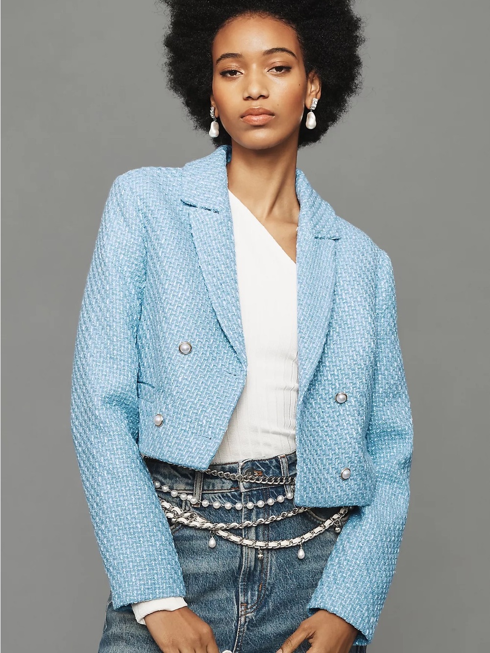 Anthropologie Maeve Sky Blue Cropped Bouclé Blazer